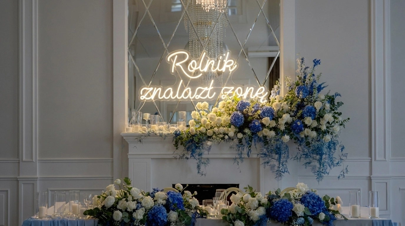 Świecący neon LED z napisem Rolnik znalazł żonę wiszący na drewnianej ściance weselnej