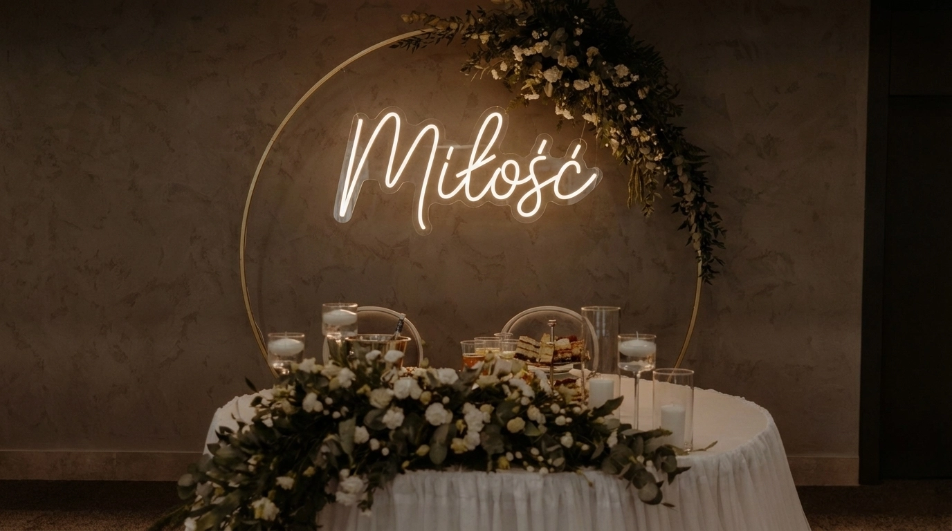 Świecący neon LED z napisem Miłość na tle weselnej dekoracji