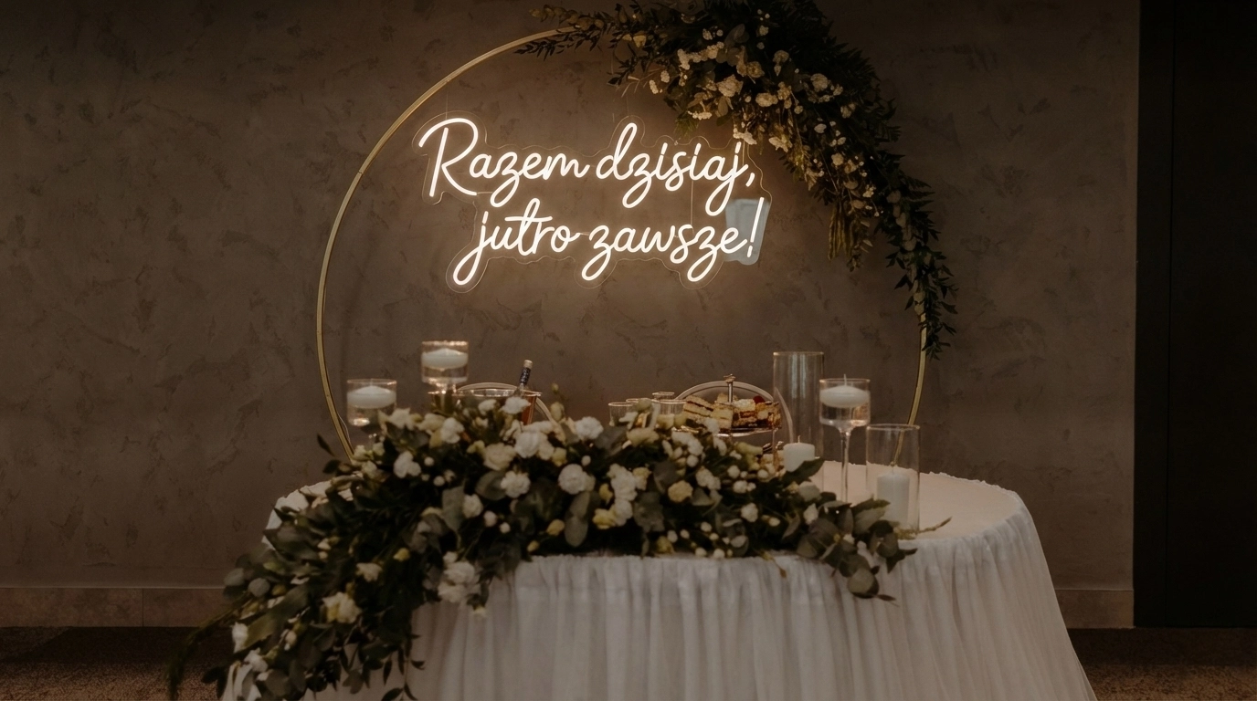 Świecący neon LED z napisem Razem dzisiaj jutro zawsze na tle weselnej ścianki