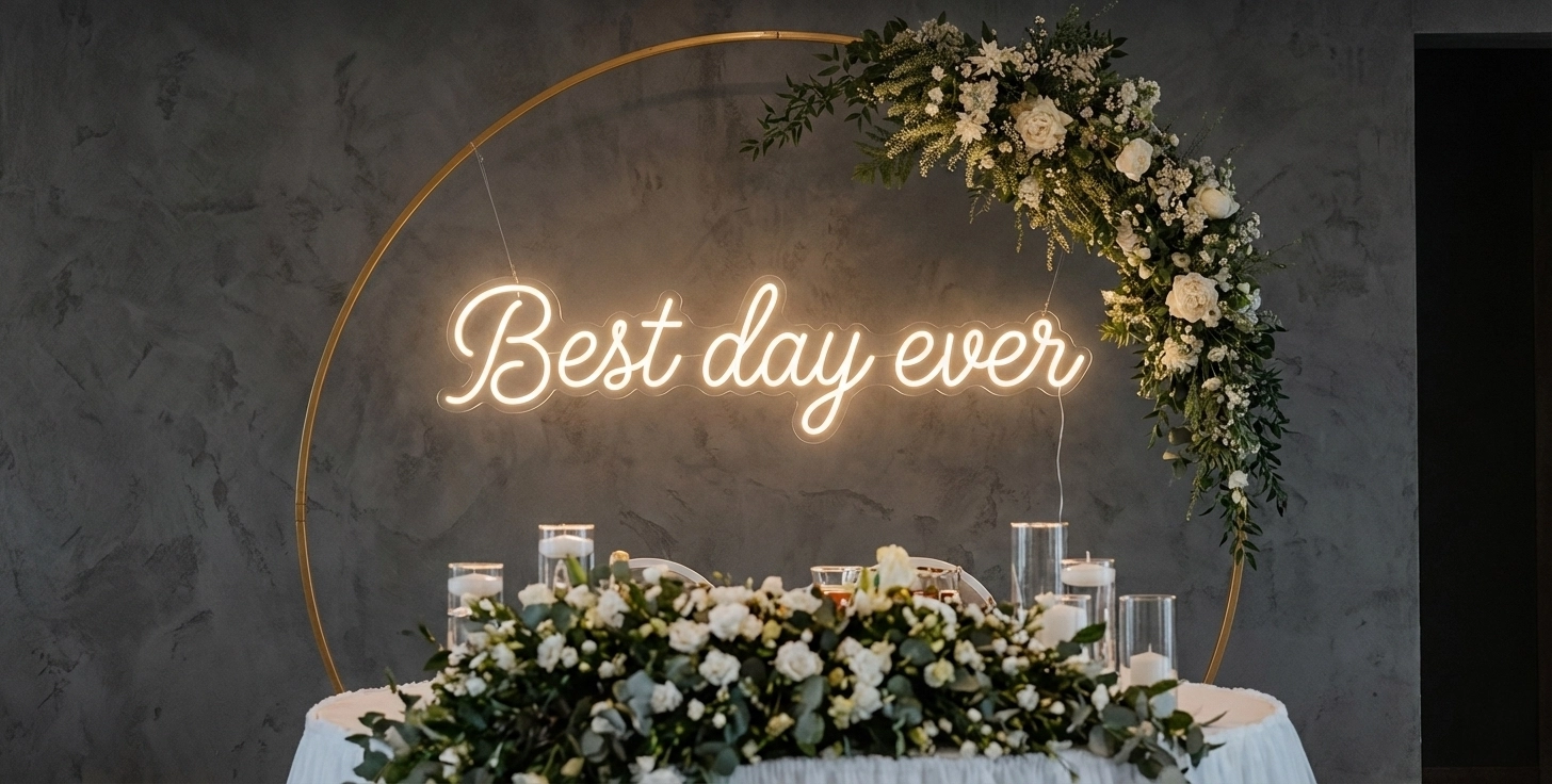Minimalistyczny neon na wesele Best day ever – elegancki napis 113x17cm