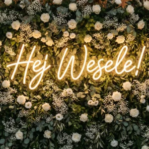 Neon powitalny na wesele Hej Wesele na sztaludze – 100x30cm