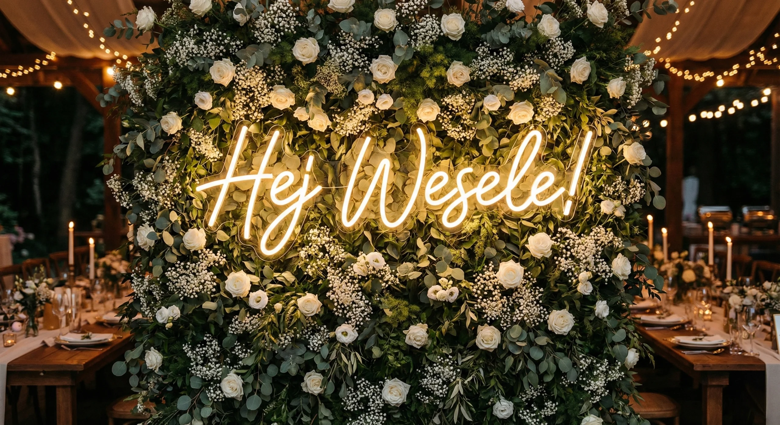 Neon powitalny na wesele Hej Wesele na sztaludze – 100x30cm
